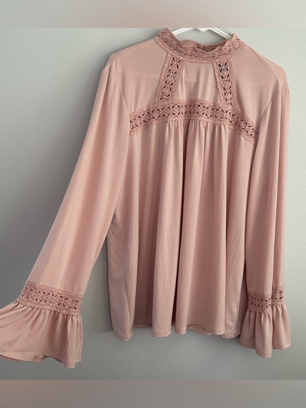 Women’s 1x high neck blouse blush pink long bell sleeve top 1xl cottagecore